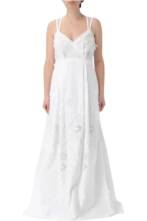 Alberta Ferretti Kjole, Dame, Hvid, 2XS, Hvid Maxi Kjole med Øjet Broderi