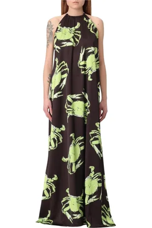 Msgm Kjole, Dame, Brun, 2XS, Brun Silkekjole med Krabbe Print