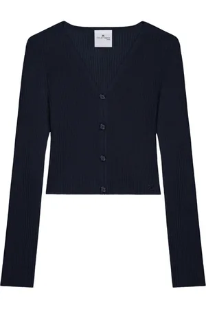Courrèges Strik, Dame, Blå, XS, Blå V-hals sweater med logo applikation