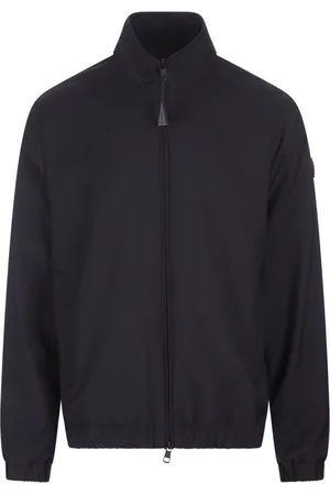 Moncler Jakke, Herre, Blå, L, Uld, Blå uldfrakke med læderlogo
