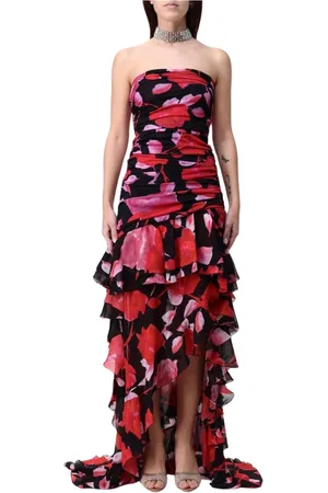 BLUMARINE Kjole, Dame, Flerfarvet, S, Chiffon, Sort Blomstret Ruffle Maxi Kjole