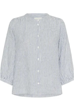Part Two Bluser & Skjorter, Dame, Blå, 3XL, Uld, Stribet hørbluse med stående krave