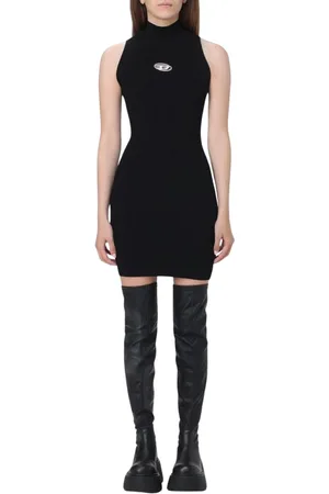 Diesel Kjole, Dame, Sort, M, Bomuld, Ribstrik Mini Kjole Mock Hals