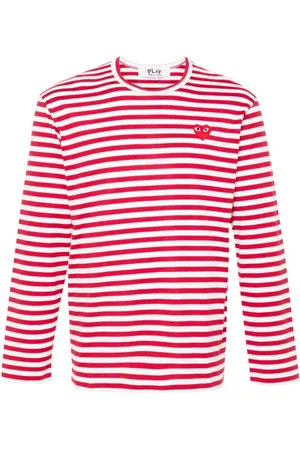 Comme des Garçons Top, Herre, Rød, XL, Bomuld, Stribet hjertepatch rund hals T-shirt