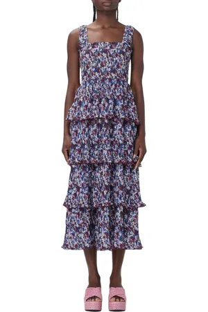 Ganni Kjole, Dame, Flerfarvet, S, Polyester, Farverig Blomstret Midi Kjole