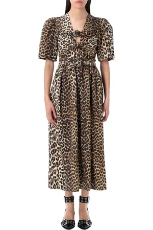 Ganni Kjole, Dame, Brun, S, Bomuld, Leopard Print Midi Kjole Knude Detalje