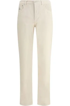 Brunello Cucinelli Bukser, Herre, Hvid, XL, Læder, Corduroy Bukser med Logoet Læder Patch