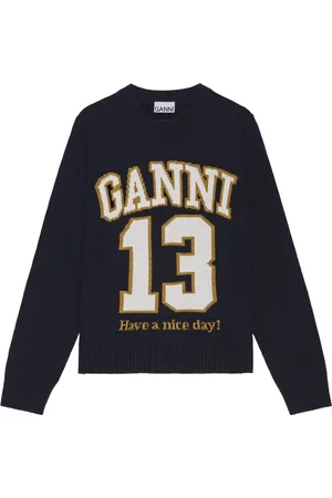 Ganni Strik, Dame, Blå, XS, Uld, Mørkeblå Grafisk Uldmix Jumper
