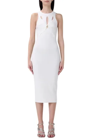 Elisabetta Franchi Kjole, Dame, Hvid, S, Elegant Ribbed Strik Midi Kjole