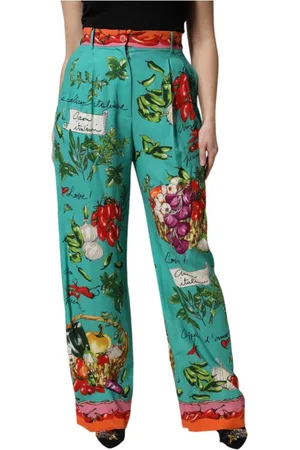 Dolce & Gabbana Bukser, Dame, Grøn, S, Grøn Silke Trykt Straight Bukser
