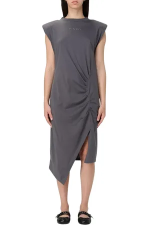 Pinko Kjole, Dame, Grå, L, Bomuld, Elegant Midi Kjole med Asymmetrisk Hemline
