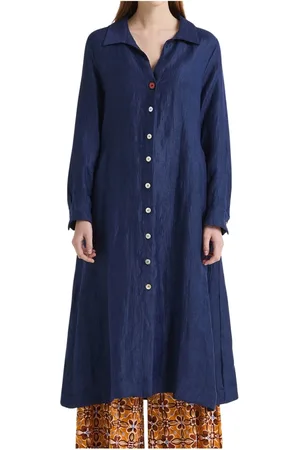 Maliparmi Kjole, Dame, Blå, XL, Linned, Jacquard Linnedkjole i Dyb Blå