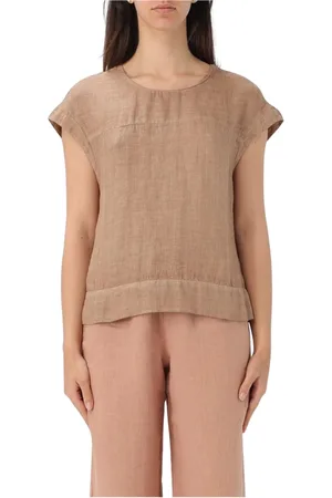120% Lino Bluser & Skjorter, Dame, Brun, XS, Linned, Beige Linnedop Korte Ærmer