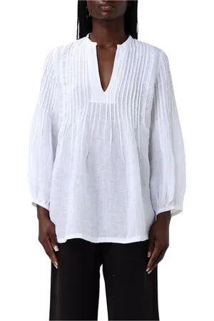 120% Lino Bluser & Skjorter, Dame, Hvid, L, Linned, Elegant Linned V-hals Bluse
