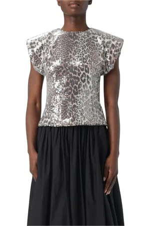Ganni Top, Dame, Flerfarvet, S, Polyester, Leopard Print Paillet Top Korte Ærmer
