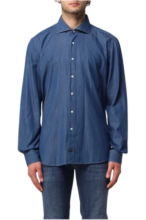 FAY Skjorte, Herre, Blå, M, Denim, Vasket Fransk Krave Skjorte