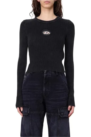 Diesel Strik, Dame, Sort, S, Bomuld, Ribstrikket Pullover med CutOut Detalje