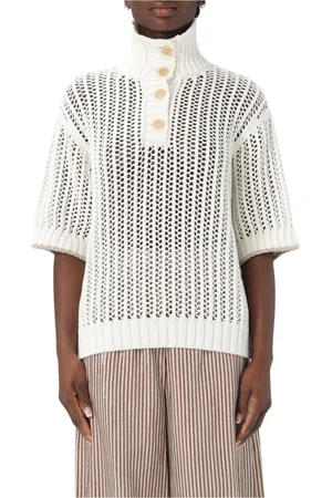 Brunello Cucinelli Strik, Dame, Hvid, M, Elegant V-Neck Strik Sweater