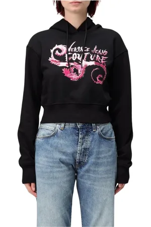 VERSACE Sweathshirts & Hoodies, Dame, Sort, M, Uld, Sort Cropped Hoodie Stilfuld Behagelig