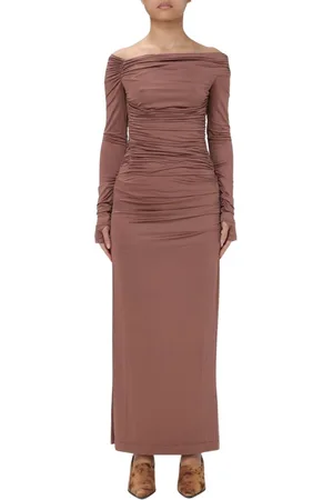 Helmut Lang Kjole, Dame, Lyserød, S, Uld, Elegant Off-Shoulder Maxi Kjole