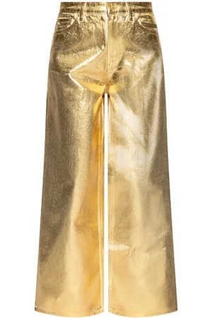 Ganni Bukser, Dame, Gul, W27, Denim, Metallic Effect Wide Leg Denim Jeans