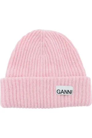 Ganni Tilbehør, Dame, Lyserød, ONE SIZE, Uld, Ribbet Melange Beanie med Logopatch