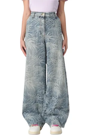 Palm Angels Jeans, Dame, Blå, W28, Bomuld, Bred Ben Palm Tree Jeans
