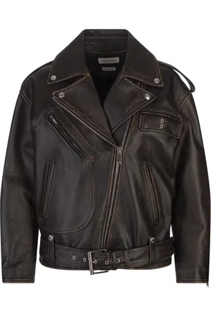 Alexander McQueen Jakke, Dame, Brun, XS, Læder, Brun Oversize Bikerjakke i læder