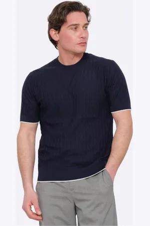 Paolo Pecora Top, Herre, Blå, L, Bomuld, Blå Silke Bomuld T-shirt med Hvid Kant