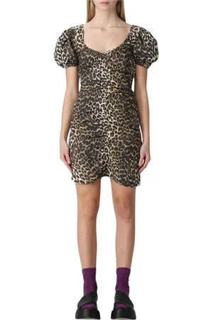 Ganni Kjole, Dame, Brun, XS, Bomuld, Leopard Print Mini Kjole Puff Ærmer