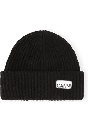 Ganni Tilbehør, Dame, Sort, ONE SIZE, Uld, Ribstrikket hue