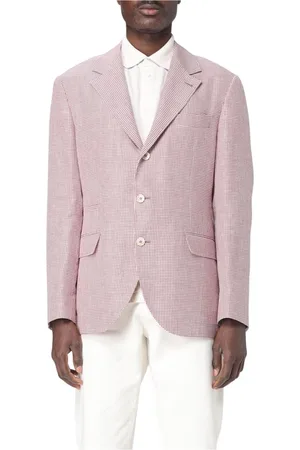 Brunello Cucinelli Jakke, Herre, Rød, 2XL, Gingham Linen Classic Fit Blazer