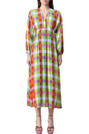 SEMICOUTURE Kjole, Dame, Flerfarvet, L, Bomuld, Orange Gingham V-Neck Midi Kjole
