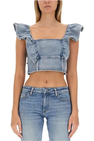 Ganni Top, Dame, Blå, XS, Bomuld, Ruffled Slim Fit Top