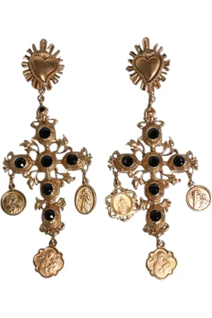 Dolce & Gabbana Tilbehør, Dame, Gul, ONE SIZE, Uld, Sort Krystal Kors Dinglende Øreringe