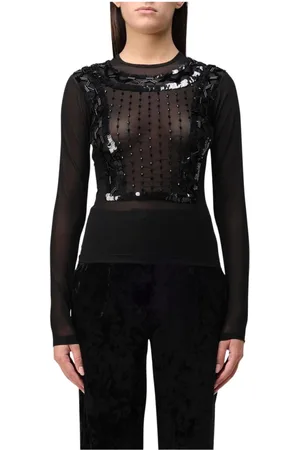 Alberta Ferretti Top, Dame, Sort, XS, Uld, Elegant Mesh Langærmet Top