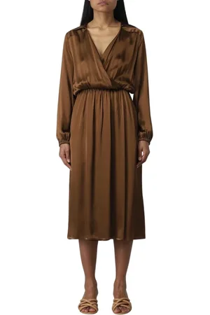SEMICOUTURE Kjole, Dame, Brun, 3XL, Uld, Elegant Silke Wrap Midi Kjole