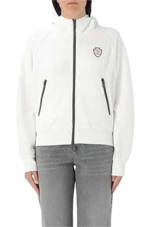 Brunello Cucinelli Sweathshirts & Hoodies, Dame, Hvid, M, Bomuld, Logo Patch ZipUp Hoodie