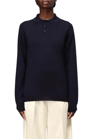 Maison Margiela Strik, Dame, Blå, L, Uld, Navy Langærmet Polo Sweater
