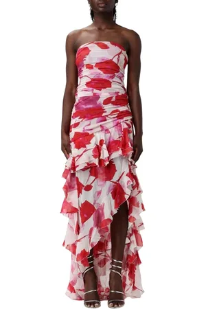 BLUMARINE Kjole, Dame, Rød, XS, Elegant Blomstret Silkekjole HighLow