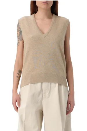 Maison Margiela Strik, Dame, Brun, L, Brun Ærmeløs V-hals Sweater