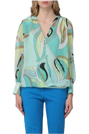 Pinko Bluser & Skjorter, Dame, Flerfarvet, XS, Uld, Grøn Abstrakt Print V-Hals Bluse