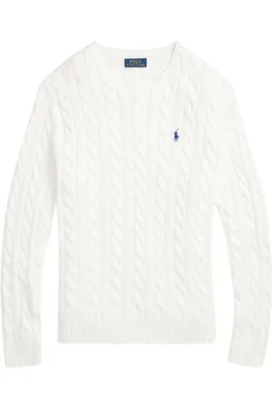 Ralph Lauren Strik, Herre, Hvid, XL, Bomuld, Kabelstrikket Bomulds Sweater MED Rundt Hals - Hvid