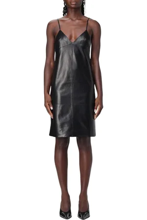 Saint Laurent Kjole, Dame, Sort, M, Læder, Sort Læder Slip Kjole V-hals