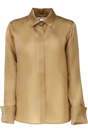 Max Mara Bluser & Skjorter, Dame, Brun, S, Læder, Silk Italiensk Krave Knap Skjorte