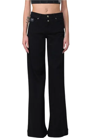 VERSACE Jeans, Dame, Sort, W27, Uld, Sorte Wide Leg Jeans Med Ombukket Kantsøm