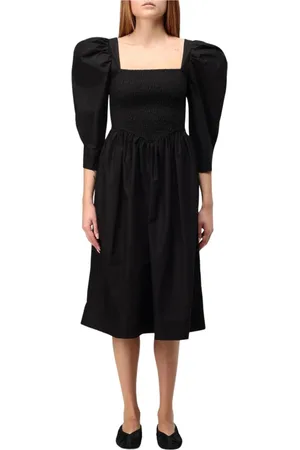 Ganni Kjole, Dame, Sort, S, Bomuld, Sort Midi Kjole Smocket Talje Elegant