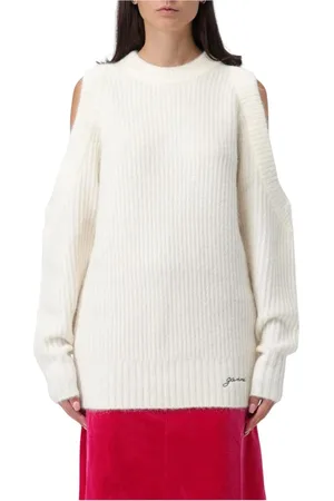 Ganni Strik, Dame, Hvid, M, Uld, Ribstrikket Cold Shoulder Sweater
