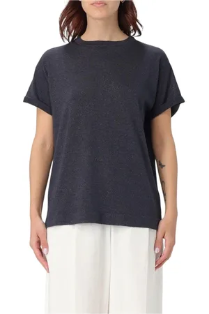 Brunello Cucinelli Top, Dame, Blå, L, Uld, Luksus kortærmet rund hals sweater