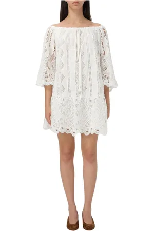 Pinko Kjole, Dame, Hvid, S, Uld, Elegant Off-the-Shoulder Lace Kjole
